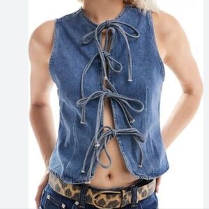 asos Denim Tie Front Top In Mid Blue Sleevless Sexy Top